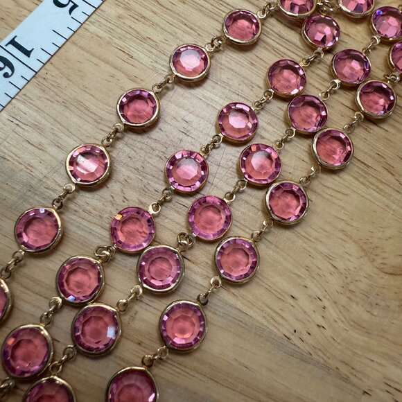 Pink Glass Crystal Gold Tone Long Necklace 36 Inch Length Elegant Jewelry - Picture 6 of 6